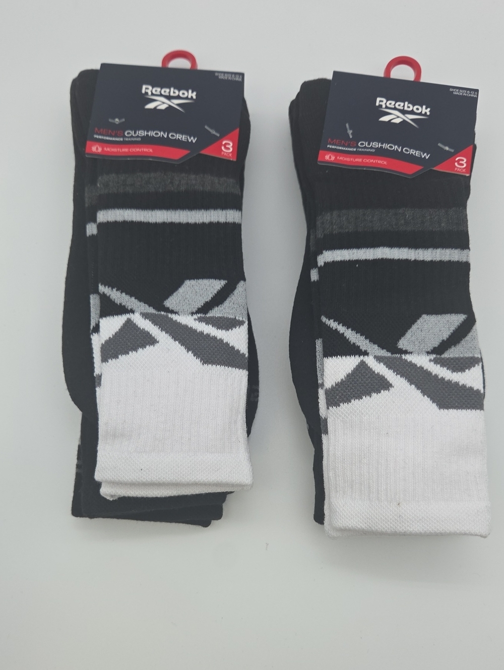 6 Pack Reebok Men's Black & White Athletic Cushion Crew Socks.